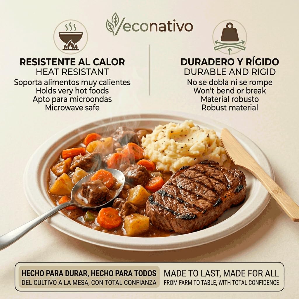 Econativo Platos 22,5 cm Desechables de Fibra de Caña de Azúcar - Pack 50 Unidades - Compostables, Resistentes y Ecológicos – Vajilla para Eventos, Catering y Uso Diario — view 4