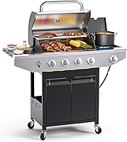 EUHOME 4-Burner Propane Gas Grill with Side Burner, 46,500 BTU, Stainless Steel, Enameled Cast Iron Grates for Patio BBQ