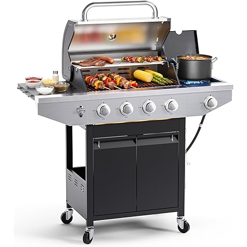 4-Burner Propane Gas BBQ Grill with Side Burner, 46,500 BTU Output Stainless Steel Barbecue Grill with Enameled Cast Iron Grates and Side Tables for Outdoor Cooking Kitchen and Patio Backyard
