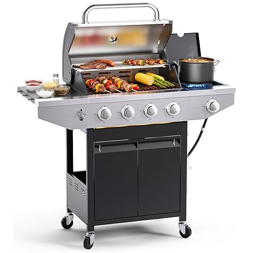 4-Burner Propane Gas BBQ Grill with Side Burner, 46,500 BTU Output Stainless Steel Barbecue Grill with Enameled Cast Iron Grates and Side Tables for Outdoor Cooking Kitchen and Patio Backyard