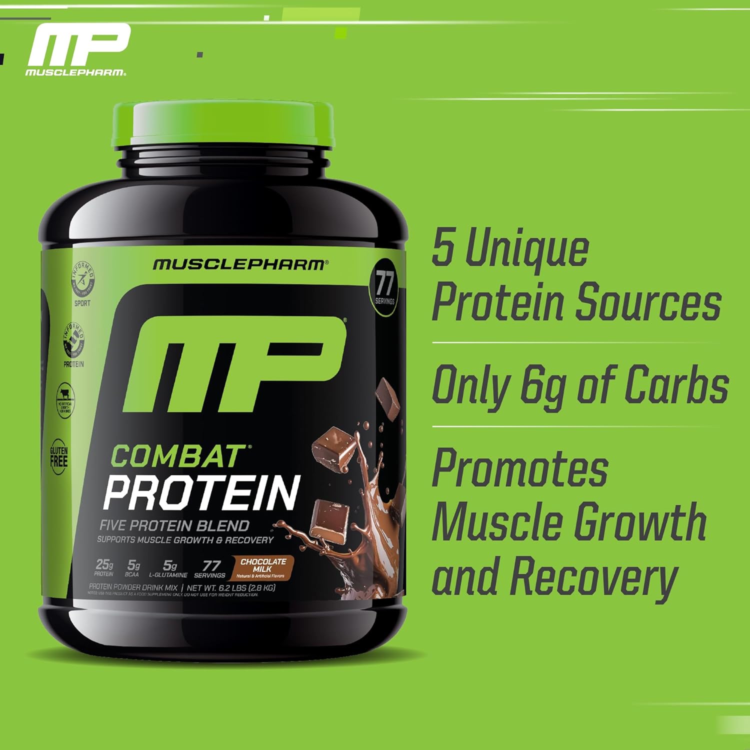 MusclePharm Combat Protein Powder, Chocolate Milk Flavor, Fuels Muscles for Productive Workouts, 5 Protein Sources Including Whey Protein Isolate & Egg Albumin, Gluten Free, 6.2 lb, 77 Servings