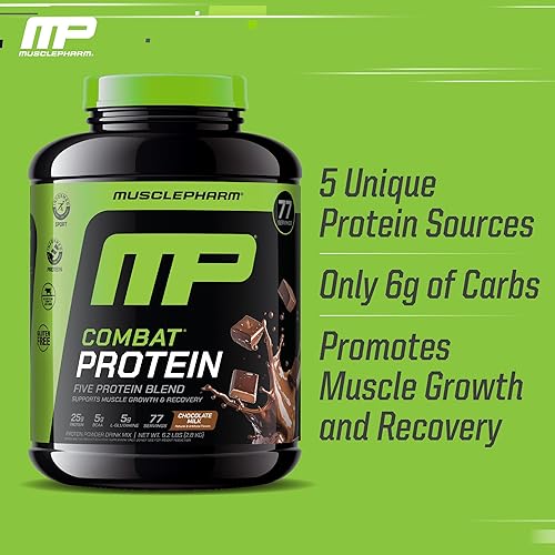 Miniatura 4 de MusclePharm - Proteína en polvo de combate, sabor a leche de chocolate, alimenta los músculos para entrenamientos productivos, 5 fuentes de