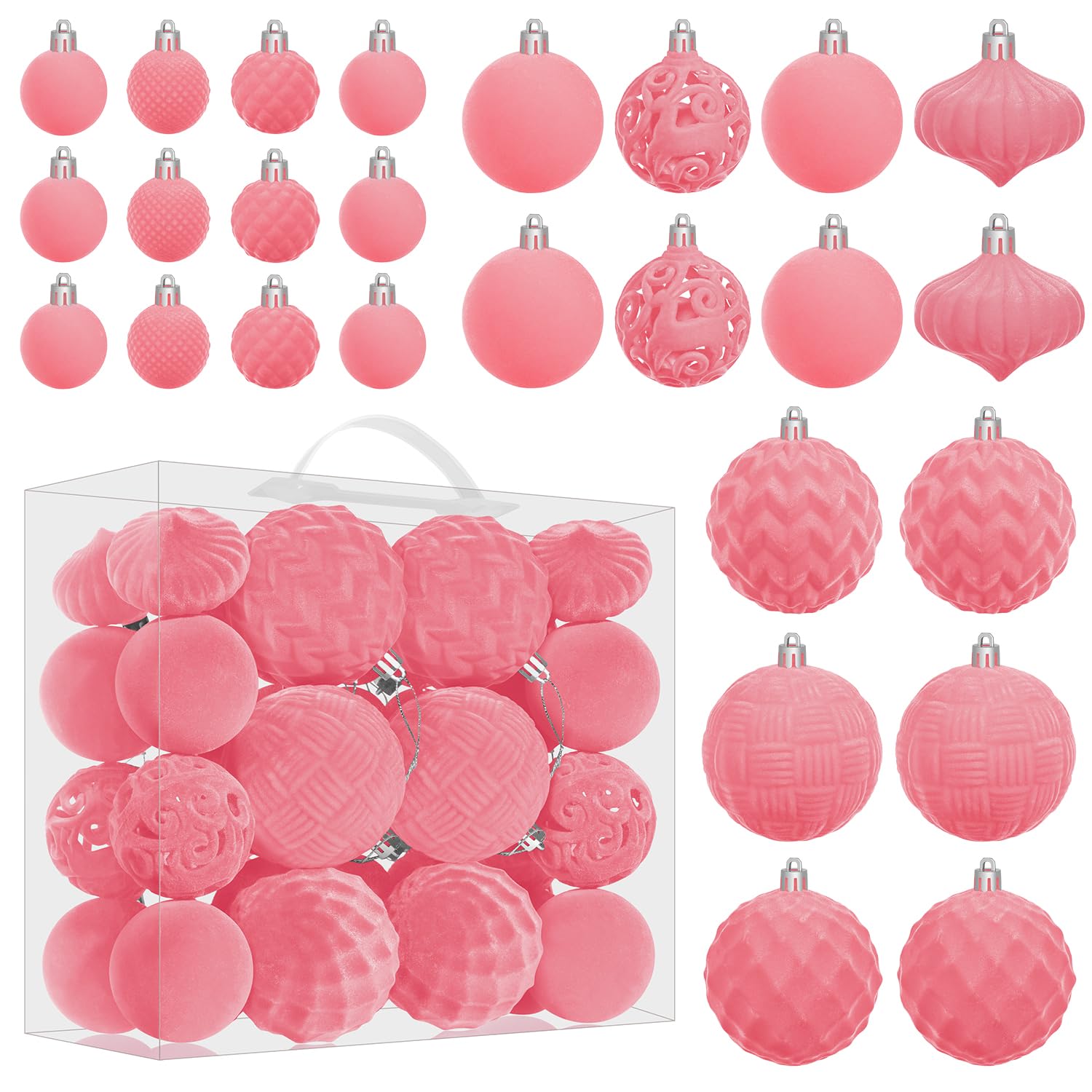 Miaikoe Velvet Christmas Ball Ornaments Set - 46pcs Shatterproof Plastic Flocked Christmas Tree Balls Assorted Sizes for Xmas Holiday Decor Decoration (Pink)