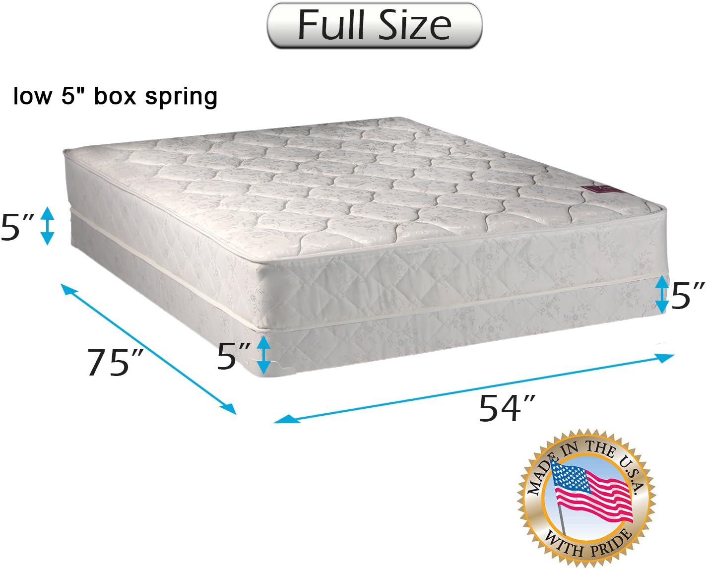 Dream Solutions USA Dream Sleep Legacy Flippable Double-Sided Mattress and Low Height Box Spring Set with Bed Frame Included - Spine Support, Orthopedic, Long Lasting Comfort (Full 54"x75"x8")