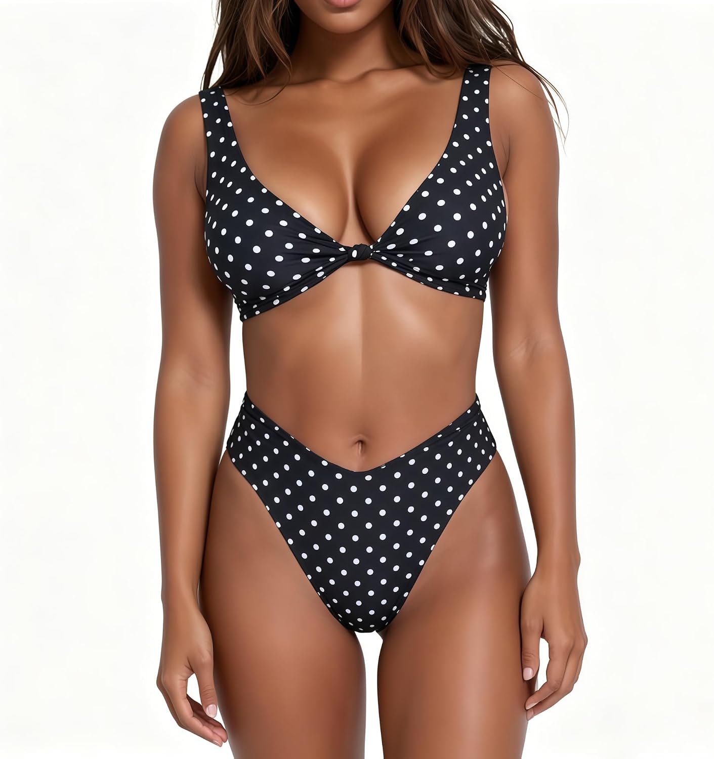  Bikini Set for Women Solid V Neck Knot Front Push Up High Leg Thong Two Piece Swimsuit thumbnail
