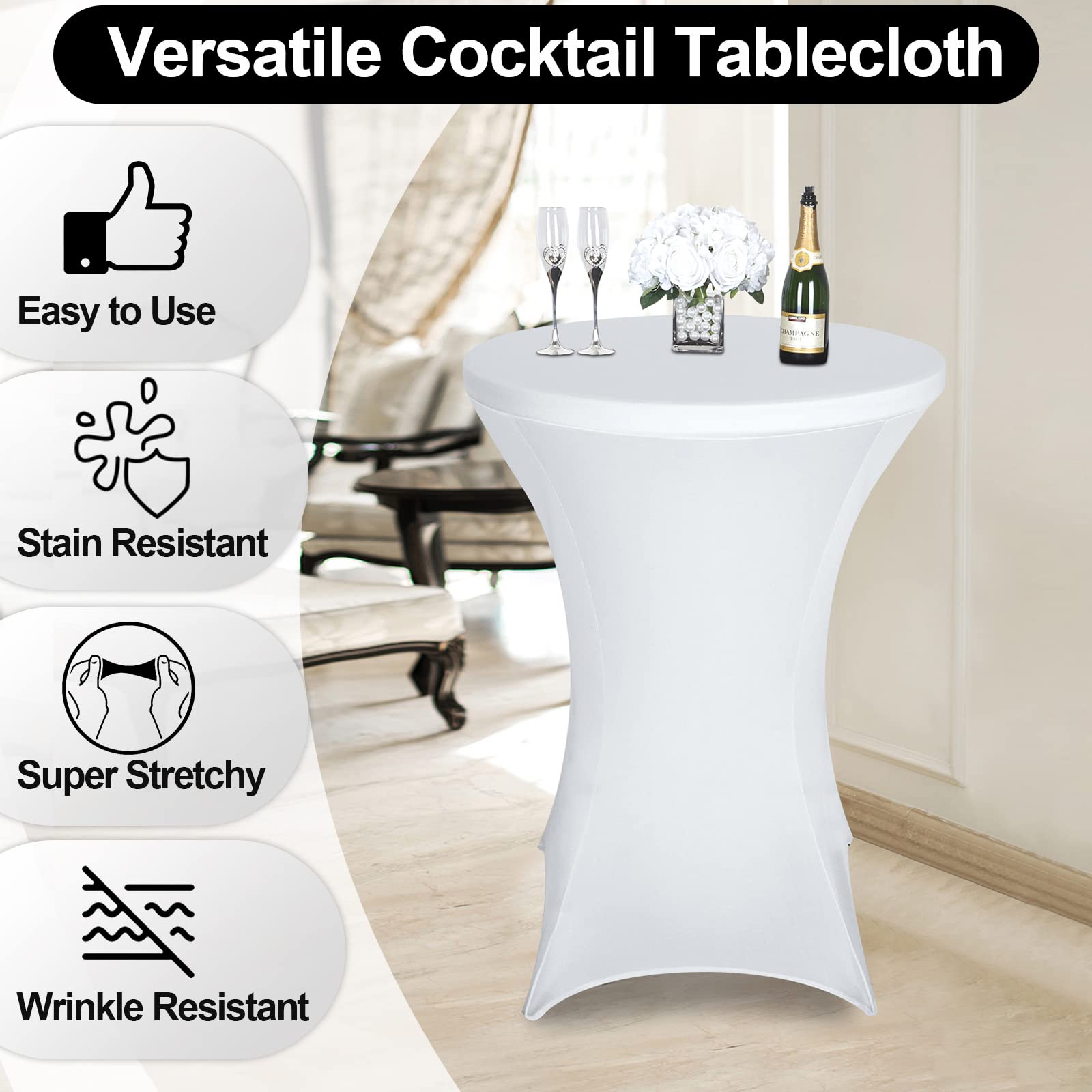 FestiCorp Paquete de 6 manteles de elastano, ajustables, manteles redondos y elásticos para fiestas, DJ, bares, bodas, cumpleaños, banquetes, color blanco, 30-32 pulgadas de diámetro x 40-43 pulgadas