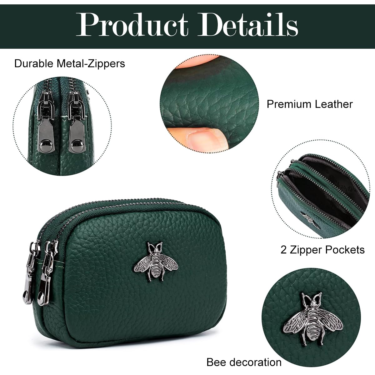 PALAY Coin Pouch Small Green PU Double Layer Zipper Purse 11x4x8cm 1