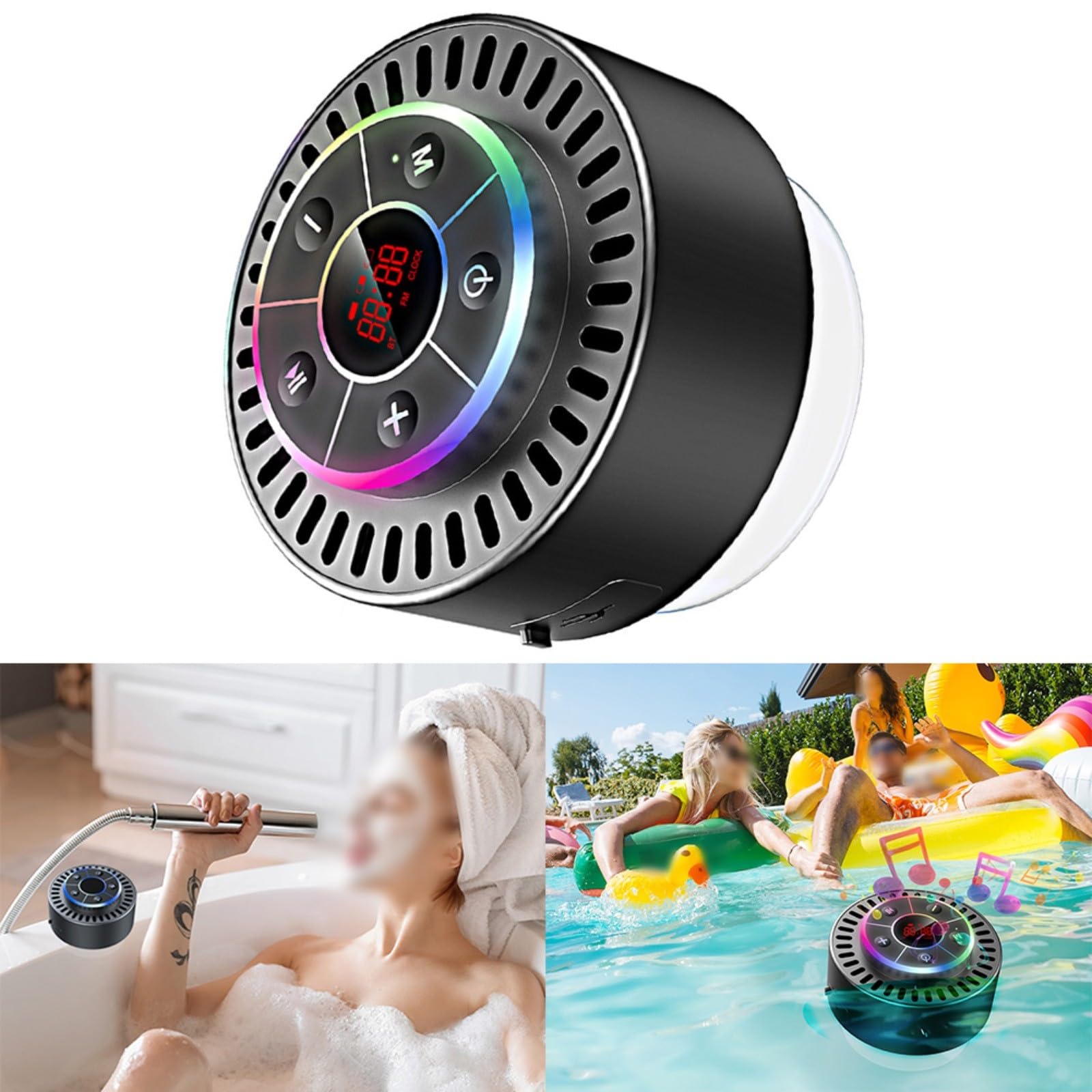 Altavoces de Ducha Bluetooth Altavoces de Ducha Altavoz de Ducha Bluetooth Resistente al Agua IPX7 con Radio FM y Pantalla LED, Color Negro, 86 x 86 x 54 mm