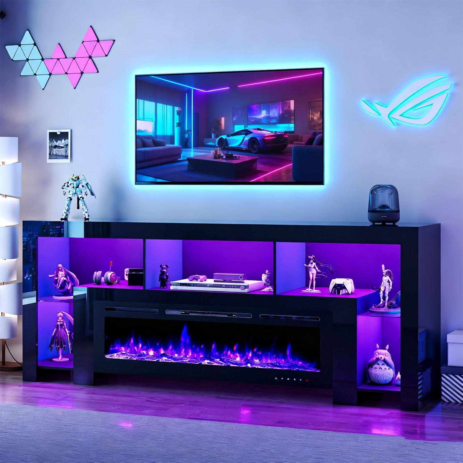 94.5‘’ High Gloss Fireplace TV Stand for 100 Inch TVs, Tall LED Entertainment Center with 50" Electric Fireplace, Wood TV Media Console Table for Living Room, White, Black