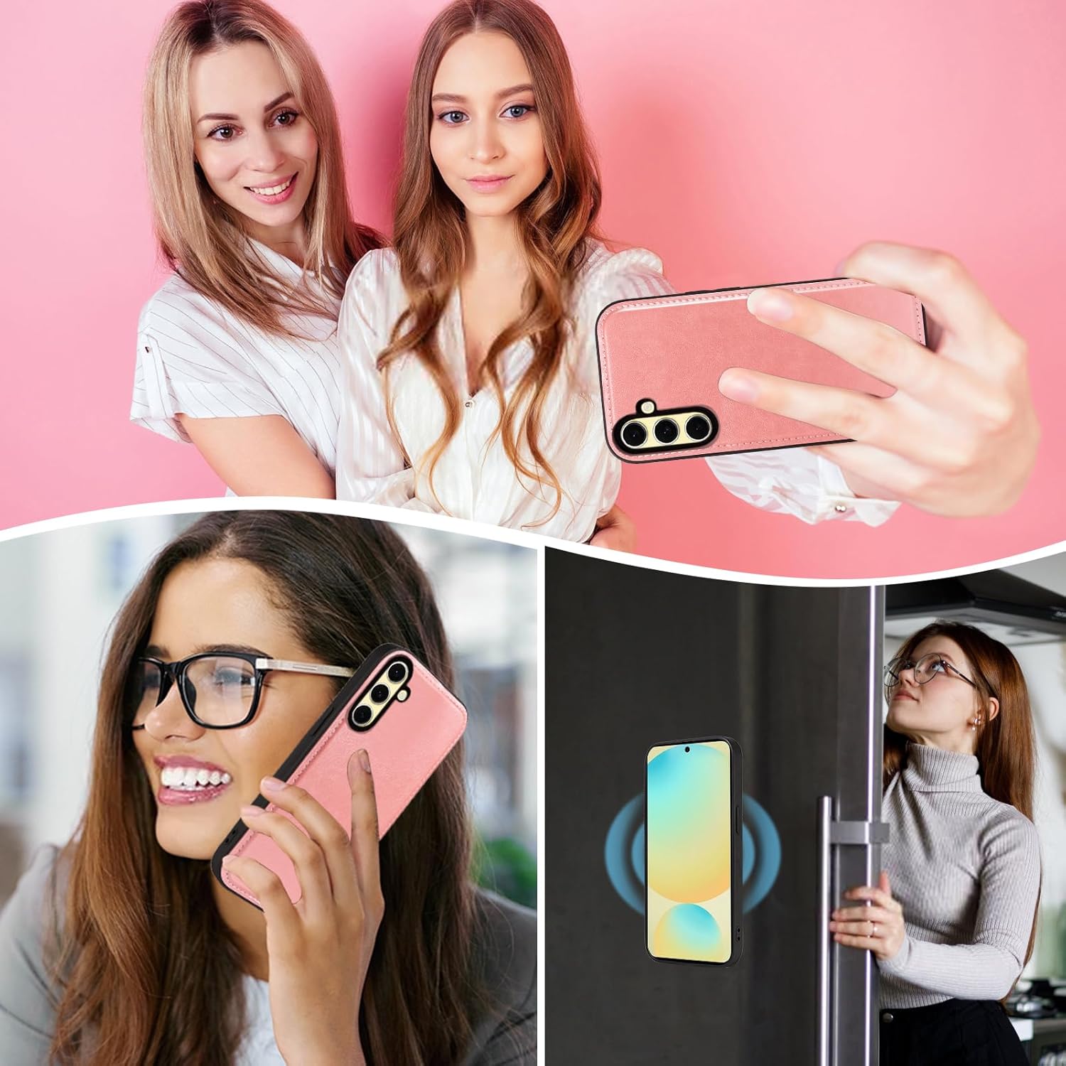 Asuwish Phone Case for Samsung Galaxy S24 FE 5G Zipper Wallet Magnetic Detachable Cell Cover with Tempered Glass Screen Protector Crossbody Strap Flower Card Holder S 24 EF S24FE 24S Women Rose Gold