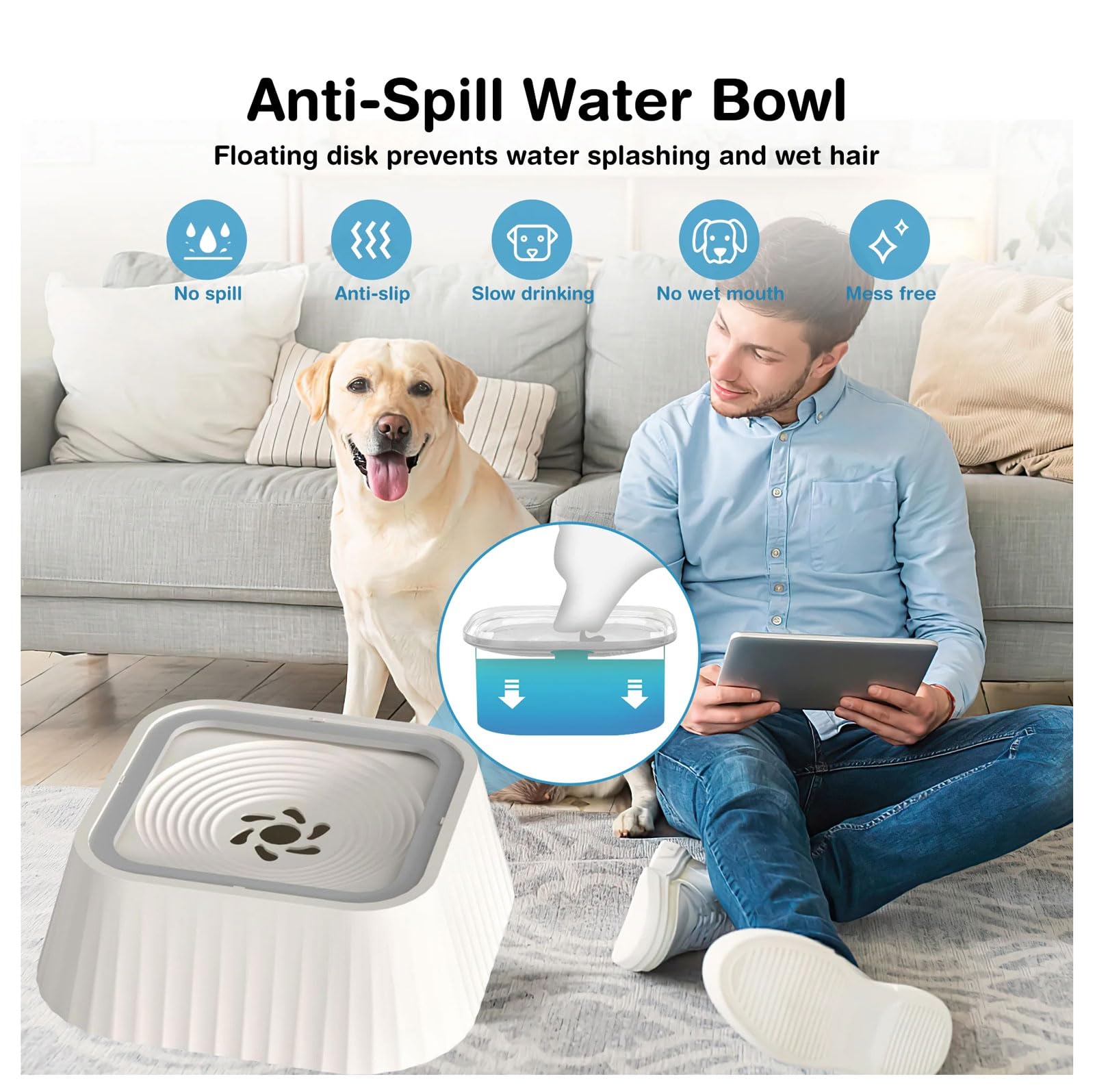 Gamelle à eau pour chien - 1,3 l - Anti-éclaboussures - Anti-éclaboussures - Anti-fuite - Sans bavure - Blanc