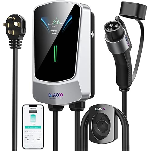 QIAO Level 2 EV Charger, Up to 40A Electric Car Charger, Wi-Fi Bluetooth APP Enabled EVSE, 4.3in Display, 25ft Cable, NEMA 14-50 Plug Charge Station Compatible with All SAE J1772 EV Models White