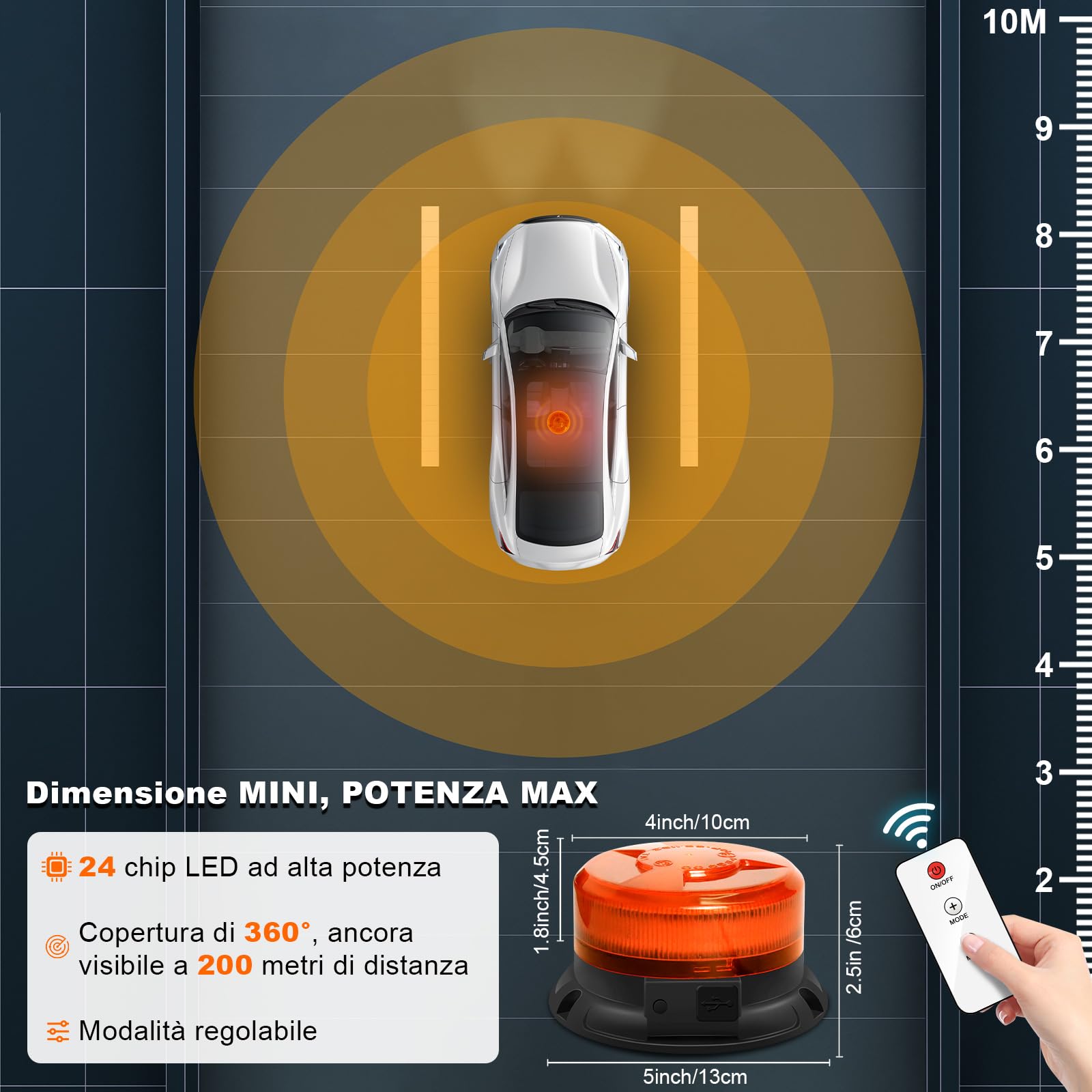 Dinfu Lampeggiante senza fili con telecomando 12V lampeggiante arancione luce di avvertimento 9 modalità cavo di ricarica auto e cavo USB per camion auto trattore SUV j-eep