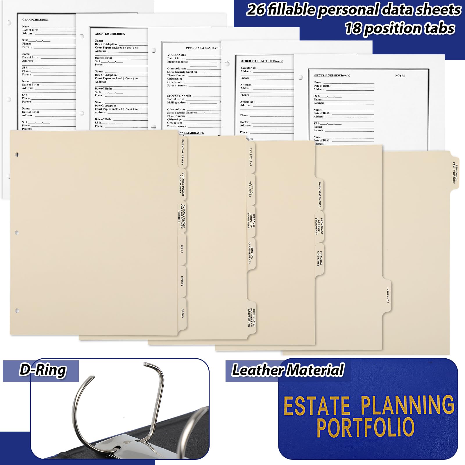 Motiskyy 2 cartelline per pianificazione immobiliare da 3,8 cm, con 18 linguette di posizione e 26 fogli di dati personali riempibili, in pelle PU, raccoglitore a 3 anelli, rosso e blu, 29 x 29 x 6,52
