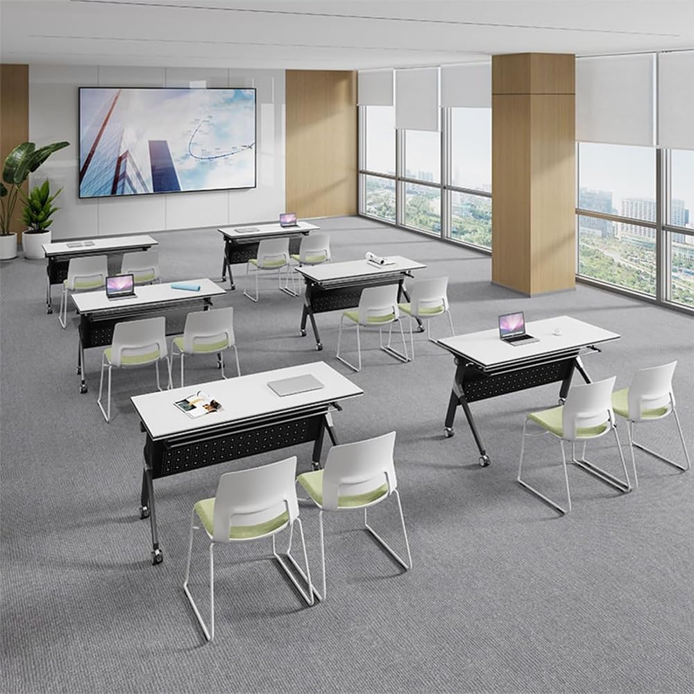 Tavolo da conferenza pieghevole con piano in legno e pannello privacy design modulare per uffici e aule con ruote bloccabili telaio in acciaio postazione di lavoro salvaspazio