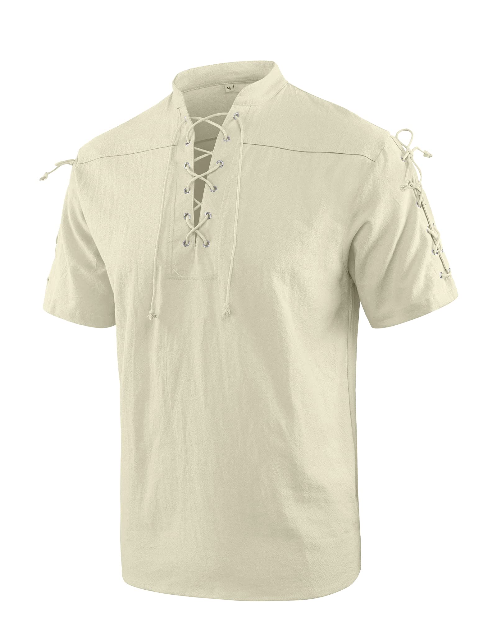 YAOBAOLE Camisa de manga corta de algodón de lino para hombre, vintage medieval ropa vikingo con cordones pirata camisa