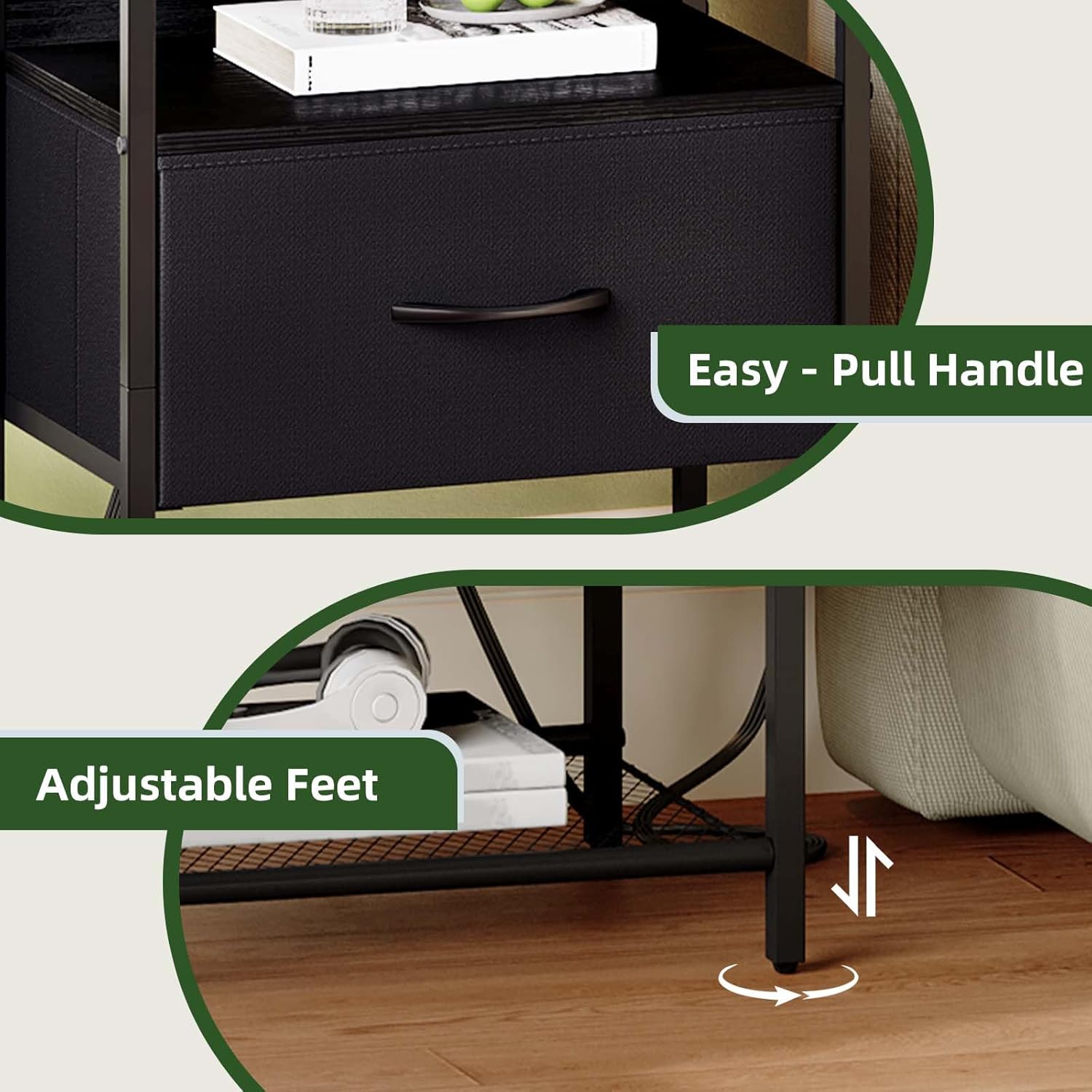 Somdot Black Nightstand Set of 2 with Charging Station and LED Light for Bedroom, Bedside Table End Table for Dorm Guest Room Bedside Kids Laundry Closet Entryway Hallway, Black Rustic Brown