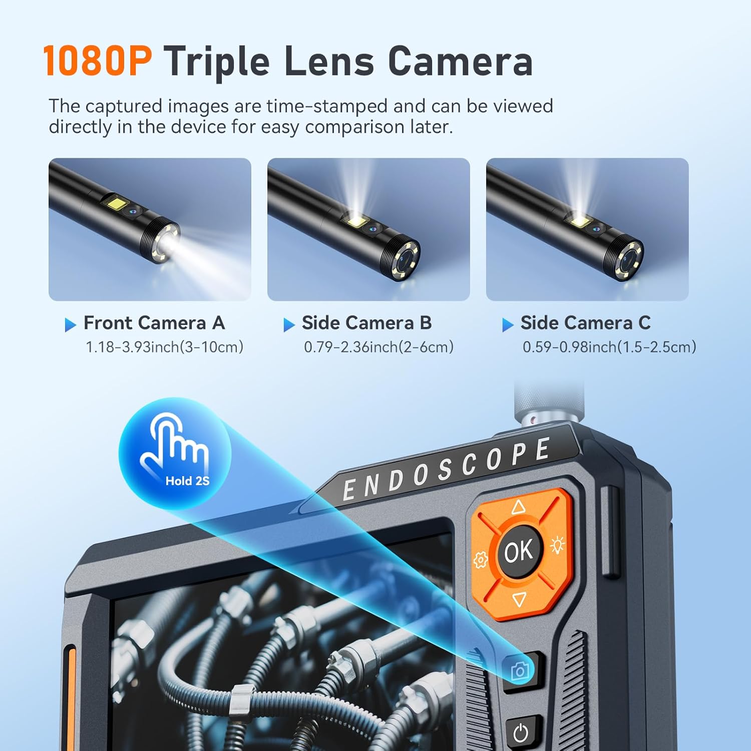 50FT Triple Lens 5" IPS Borescope Inspection Camera, Ginocaco 1080P Digital Video Endoscope with Light, Waterproof Scope Camera with Semi-Rigid Cable, Drain Pipe Tool, Carrying Case, 32G Card