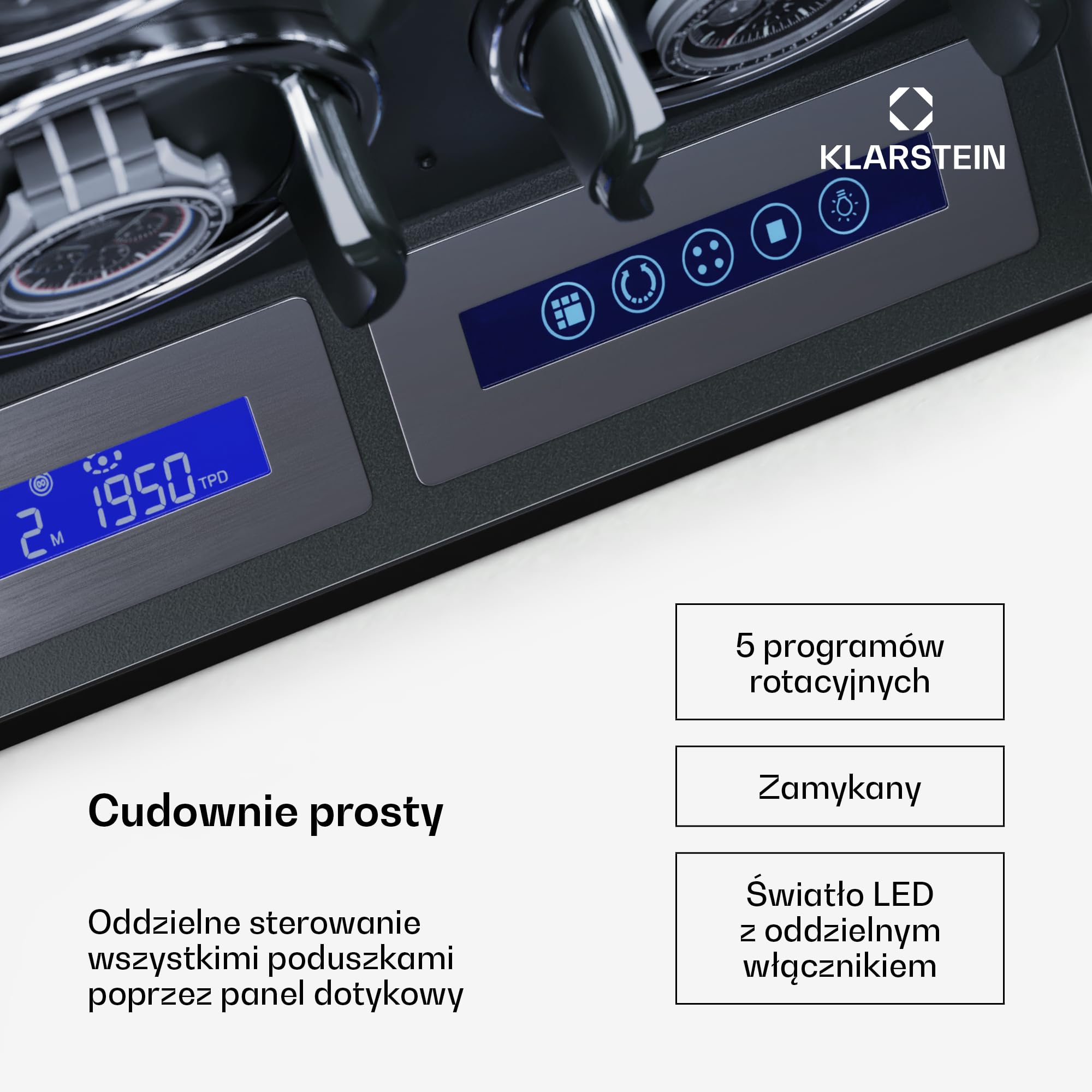 Klarstein Rotomat do zegarków automatycznych, Automatyczny rotomat na 6 zegarków, z drzwiczkami akrylowymi, Automatyczny Niebieskie diody LED, Watch Winder z 5 ustawieniami TPD