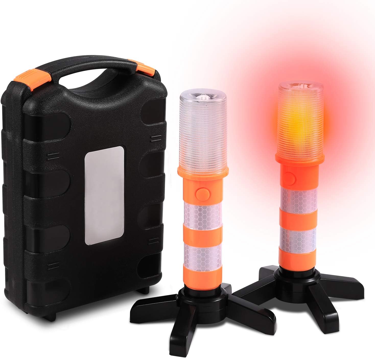 Car Emergency Lights Set of 2 Super Bright LED Roadside Flares Red Flashing Road Safety Beacons Worklight Hazard Warning Strobe Light with Magnetic Base and Storage Case for Vehicles, Trucks, etc,