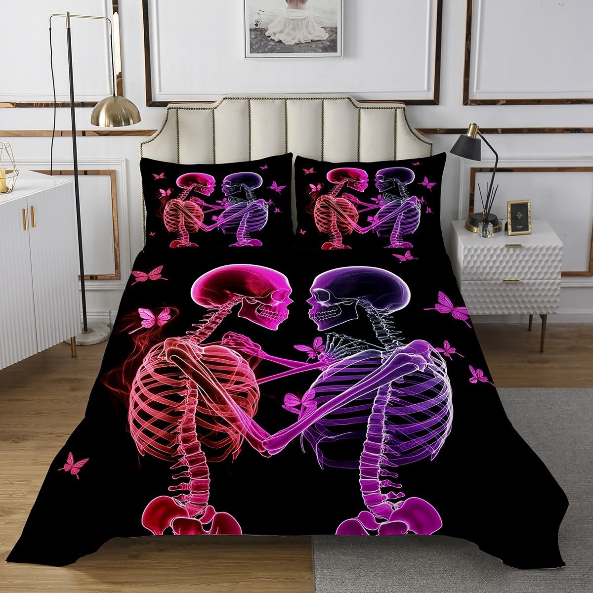 Homewish Skull Skeleton Bedspread,Death Couple Romantic Gothic Style Bedding Sets for Kids Teens Adullts,Dreamy Wild Butterfly Decor Coverlet Set with 1 Pillowcase,Twin Size 2 Pcs