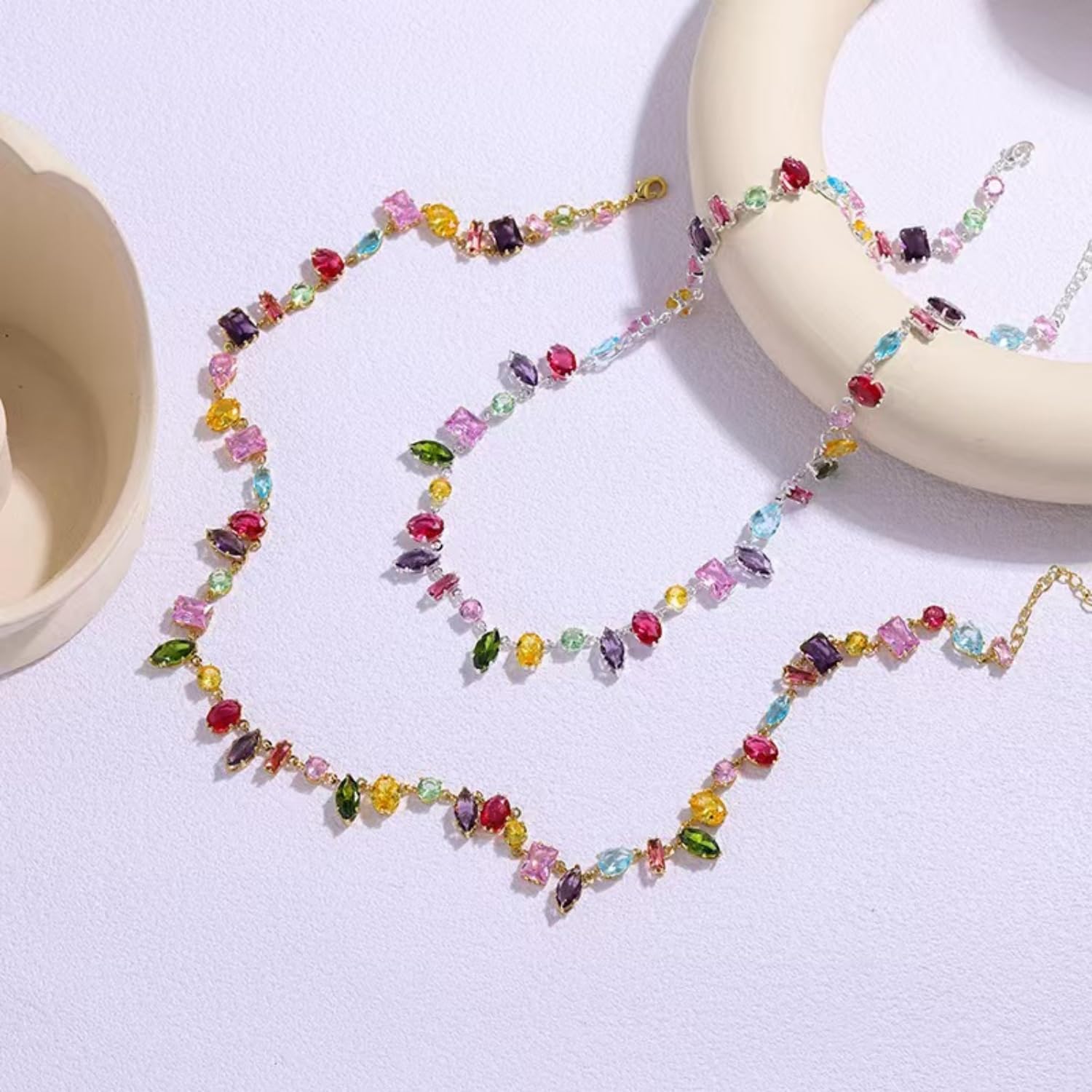 Colorful Rainbow Crystal Necklace, Multicolor CZ Chain Choker Dainty Cubic Zirconia Jewelry Sparkly Rhinestone CZ Necklace for Women