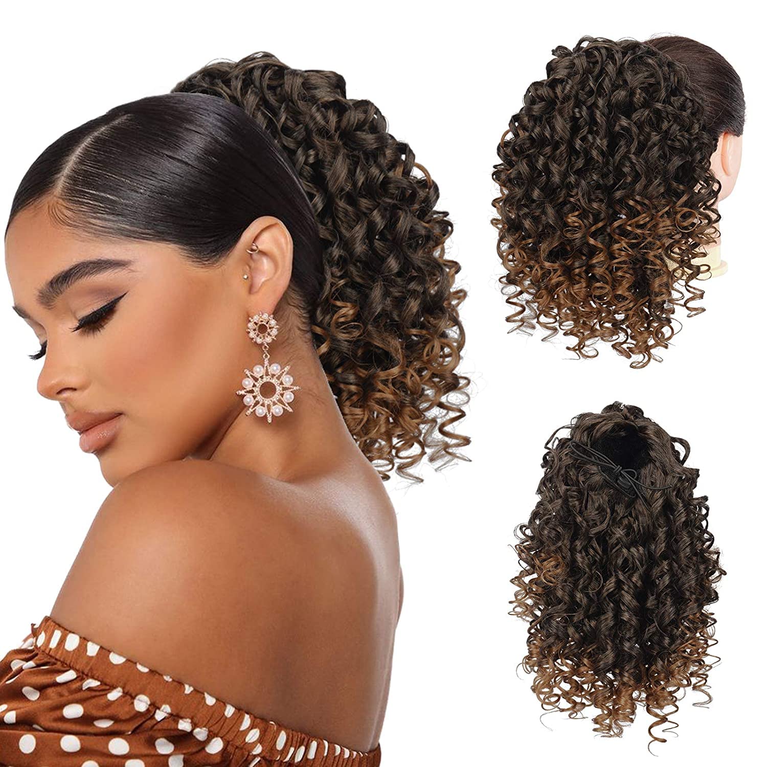 Drawstring Ponytail Afro Kinky Curly Ponytail for Black Women, PEACOCO 10 Inch Synthetic Hairpieces Clip in Jerry Curls Afro Puff Ponytail Extensions ( T1B/30 )