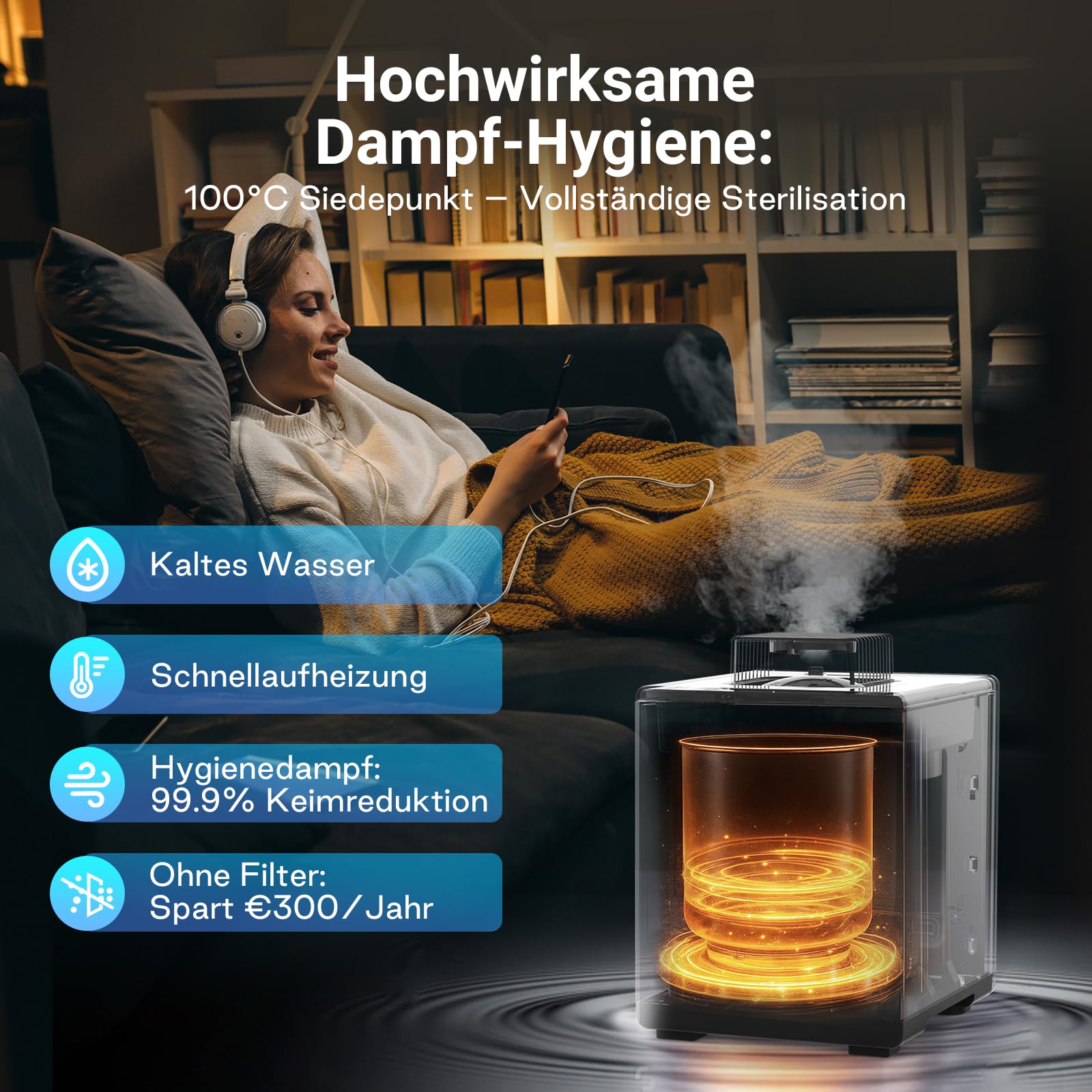 Livatro Luftbefeuchter Schlafzimmer Top-Fill, 3L Edelstahl Warmnebel Luftbefeuchter, Reduziert 99,97% der Bakterien, Für Schlafzimmer und Wohnzimmer, Spülmaschinenfest Humidifier,mit Schlafmodus | Top Füllung mit Edelstahl Wassertank; Schlafmodus und spül