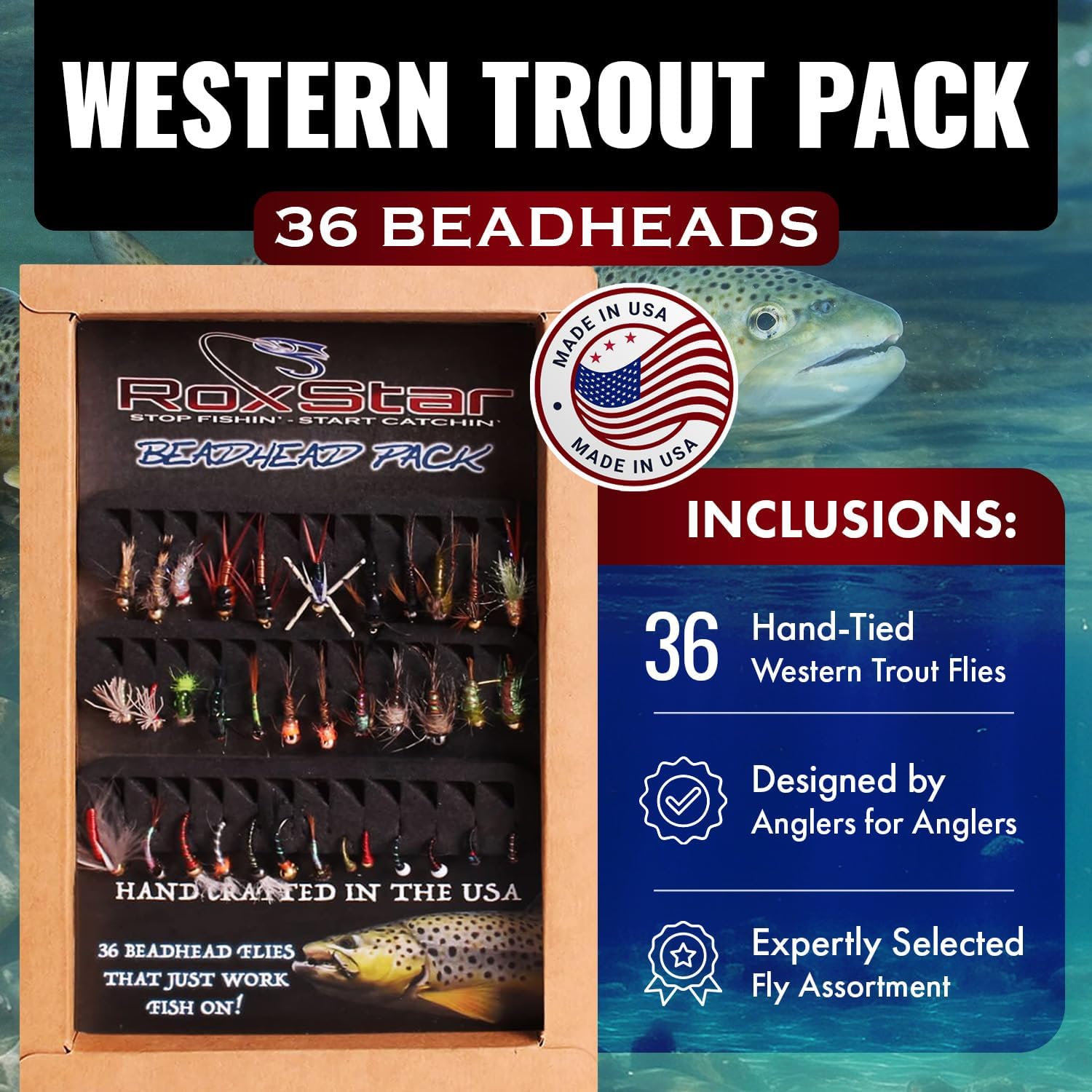 RoxStar Fishing Fly Shop | 36PK BeadHead Tungsten & Brass Fly Assortment | Proudly Hand Crafted in The USA | Gift Box Included.