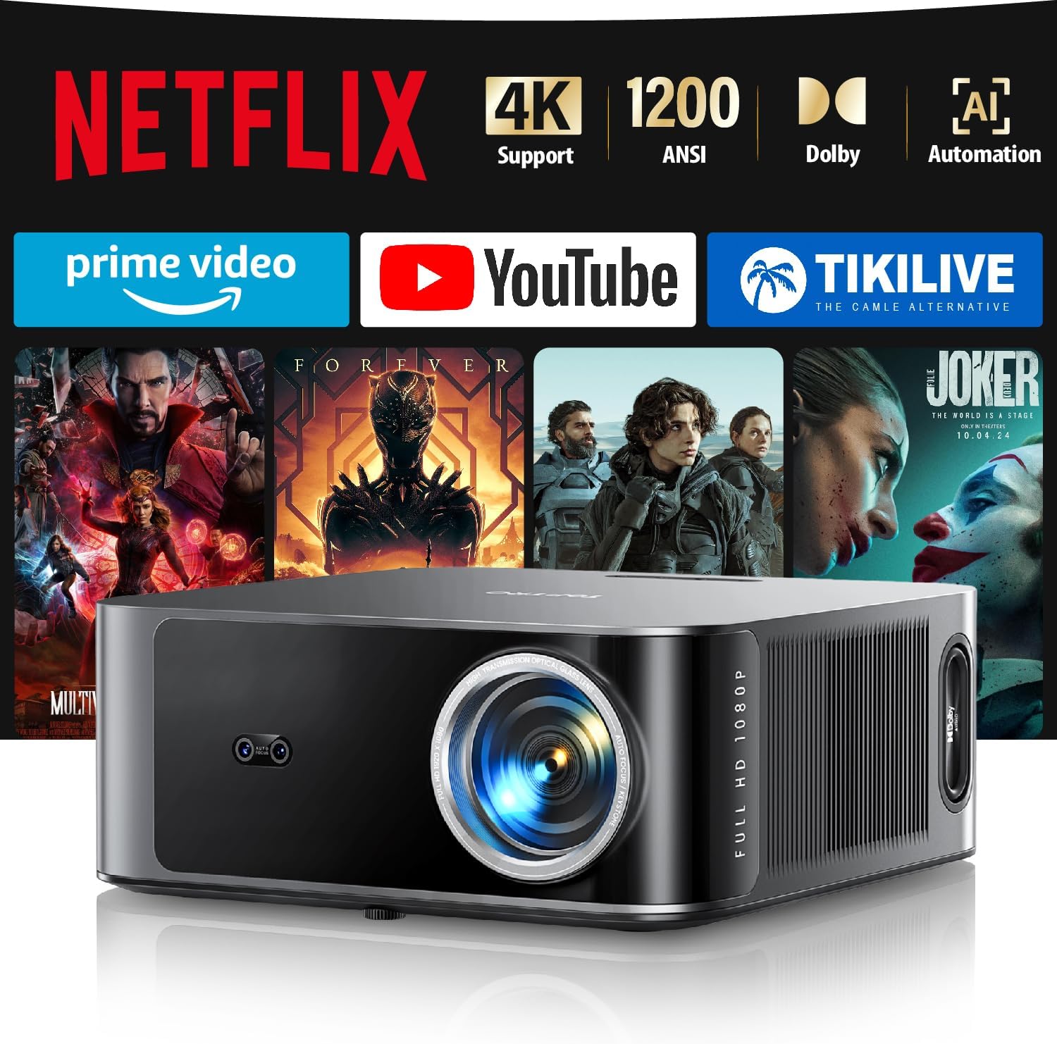 Salange Vidéoprojecteur,Compatible avec Netflix,1080P natif Prend en Charge Le Projecteur 4K, avec WiFi et Bluetooth 5.2 Mise au Point électronique & Correction Automatique Utilisation en Un clic