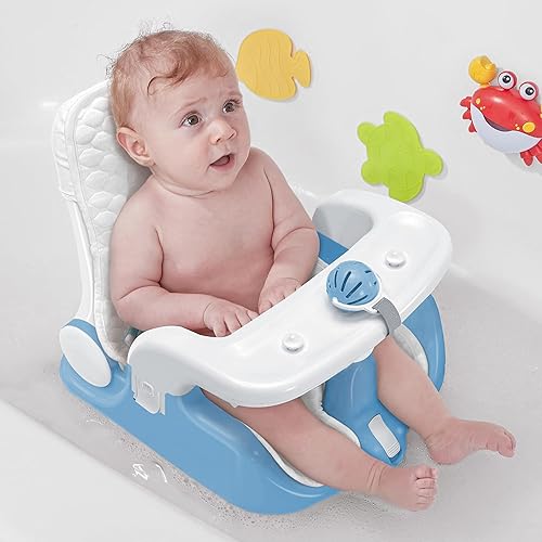 Miniatura 1 de BabyBond Asiento de baño para bebé con 2 modos, ajuste de 3 velocidades, potentes ventosas, silla de bañera infantil con toalla suave y cómoda,
