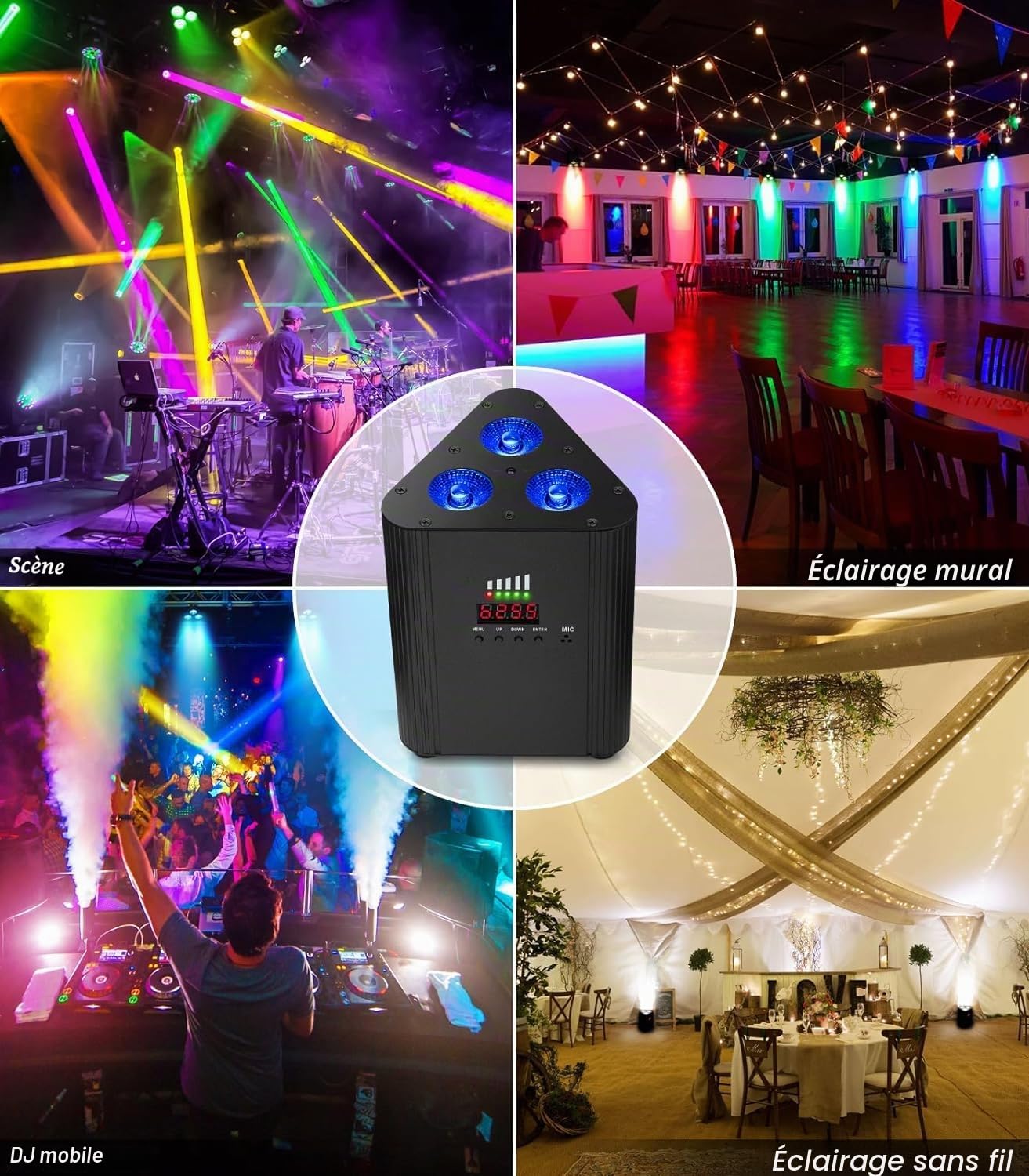 RGBW 3 LED par Batterie 4400 mA rechargeable DMX LED par projecteur Uplight avec télécommande indicateur de puissance sans fil DJ lumière de scène pour karaoké, discothèque, fête, mariage