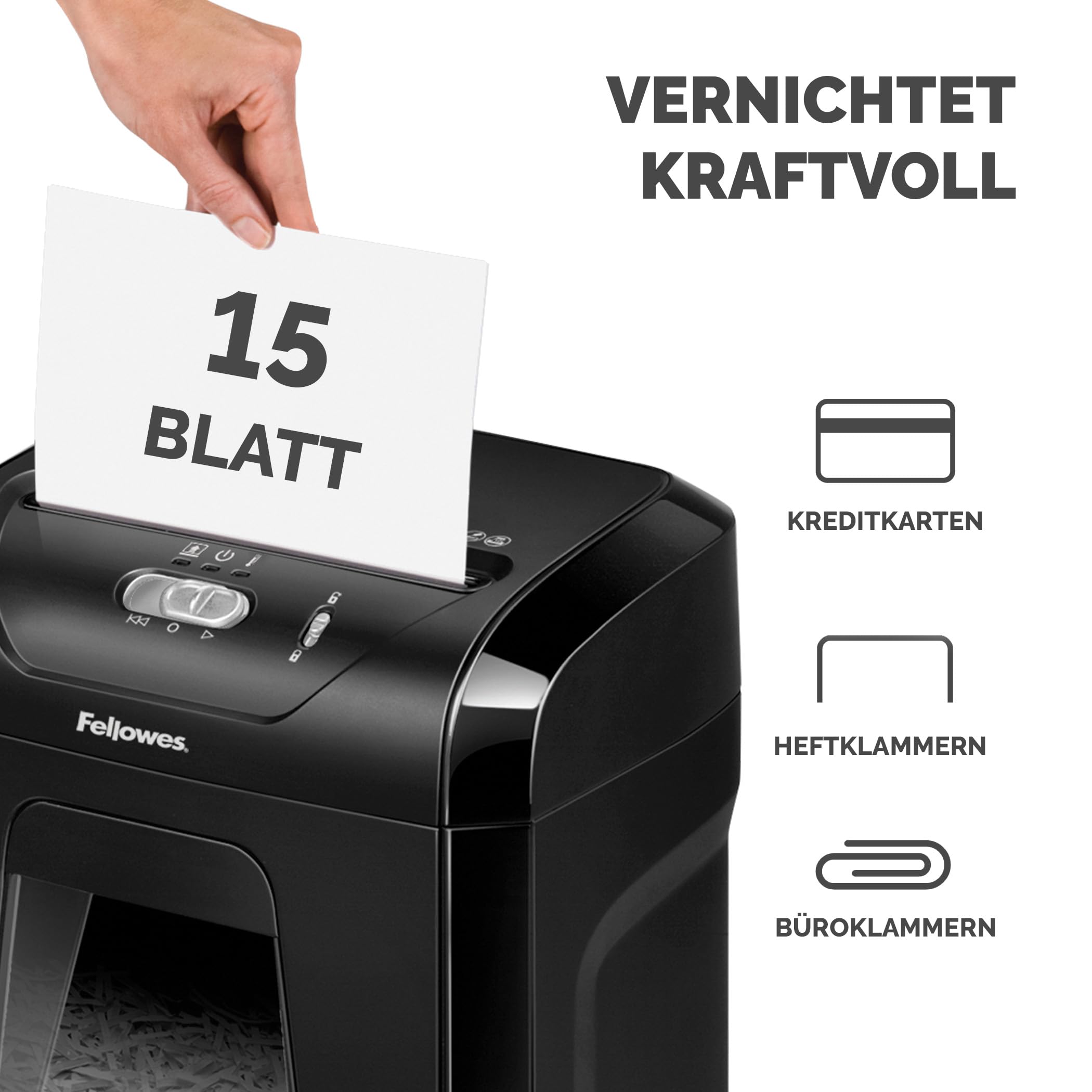 Fellowes FS-15C Aktenvernichter, Kreuzschnitt, 15 Blatt, P4, 19L Auszugsbehälter, Hochsicherheit, Papiervernichter für Zuhause & Büro, Leise & Leistungsstark, Schwarz