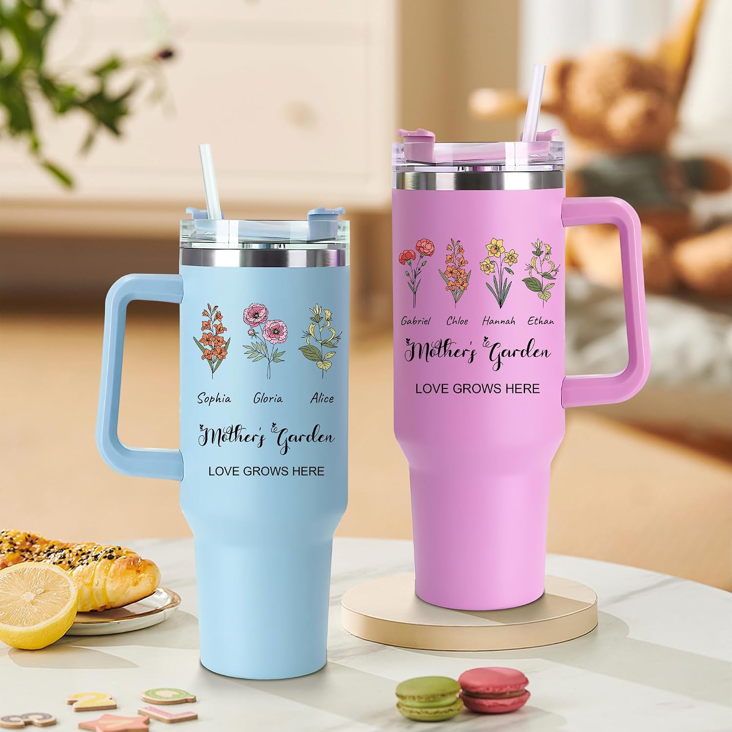 Customized Mothers Day Birthday Gifts For Mom Grandma Wife, Personalized Tumblers With Names Birth Flower, 40 Oz Custom Tumbler Cup With Handle And Straw, Mom Gifts From Daughter Son Husband