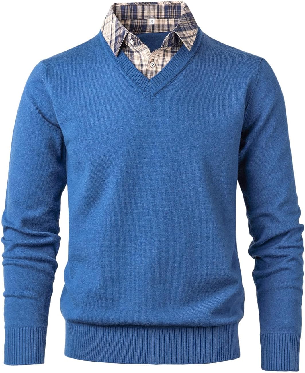Men's 2-in-1 Long Sleeve Knitted Pullover with V-Neck Slim Fit Simple Casual Cardigan Sweatshirt Winter Jumper with Shirt Collar Mock