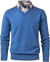 Men's Sweater V-Neck Winter Warm Sweater and Shirt 2 in 1 Pullover Long Sleeve Knitted Jacket Sweater Sweatshirt with Mock Shirt Collar