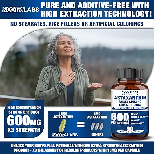 Miniatura 4 de Astaxantina de 15 mg + Panax Ginseng, suplementos de ginkgo biloba, 90 cápsulas veganas, promueve la energía de la salud ocular, apoyo