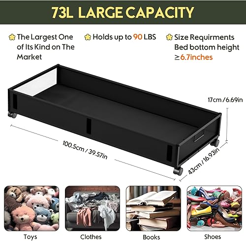 Miniatura 2 de JtEoss Contenedores de almacenamiento debajo de la cama de 73 litros, almacenamiento rodante debajo de la cama con ruedas, organizador grande de