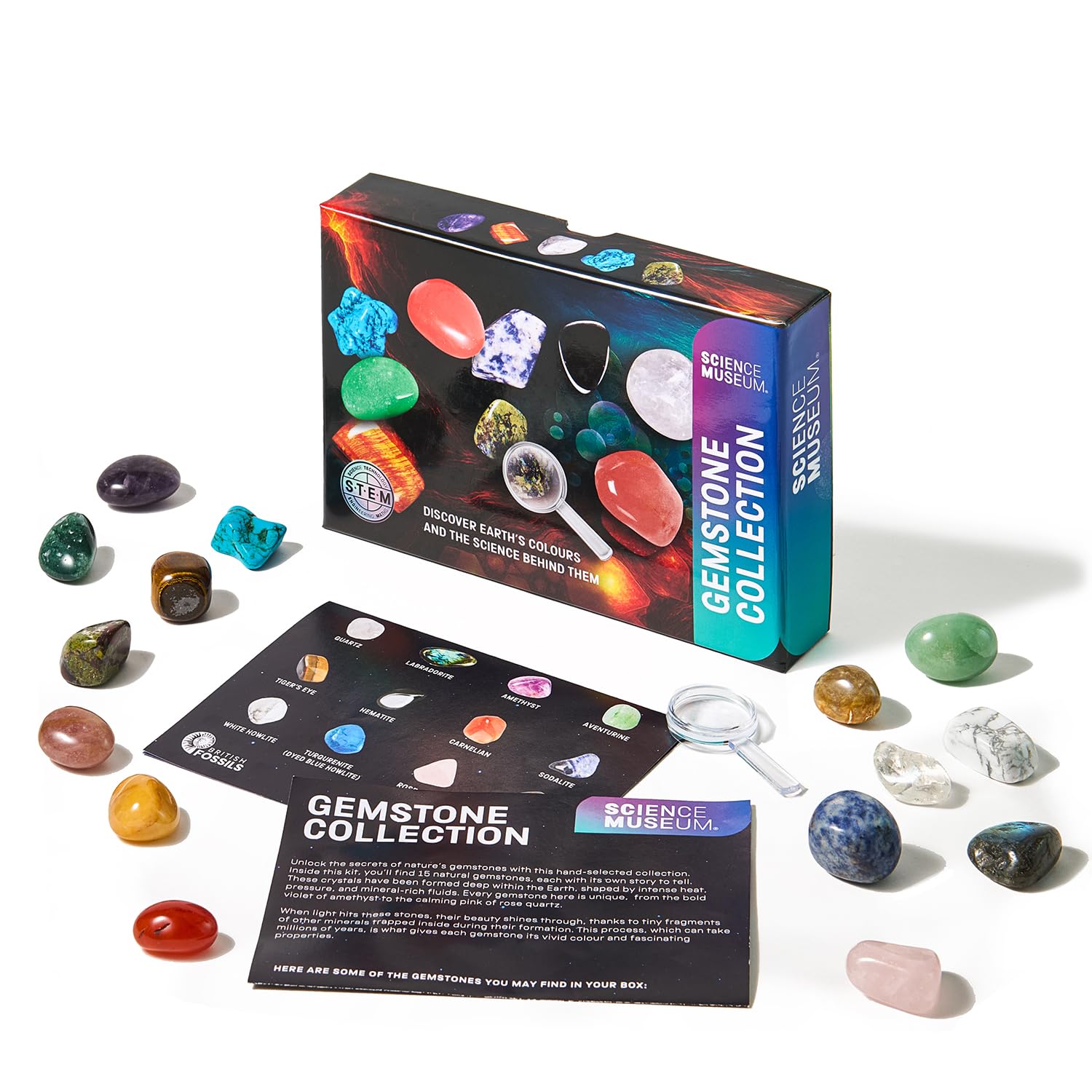 SCIENCE MUSEUM Gemstone Collection Kit - 15 Real Gemstone Specimens, Educational STEM Geology Set, Gift-Ready Science Collection