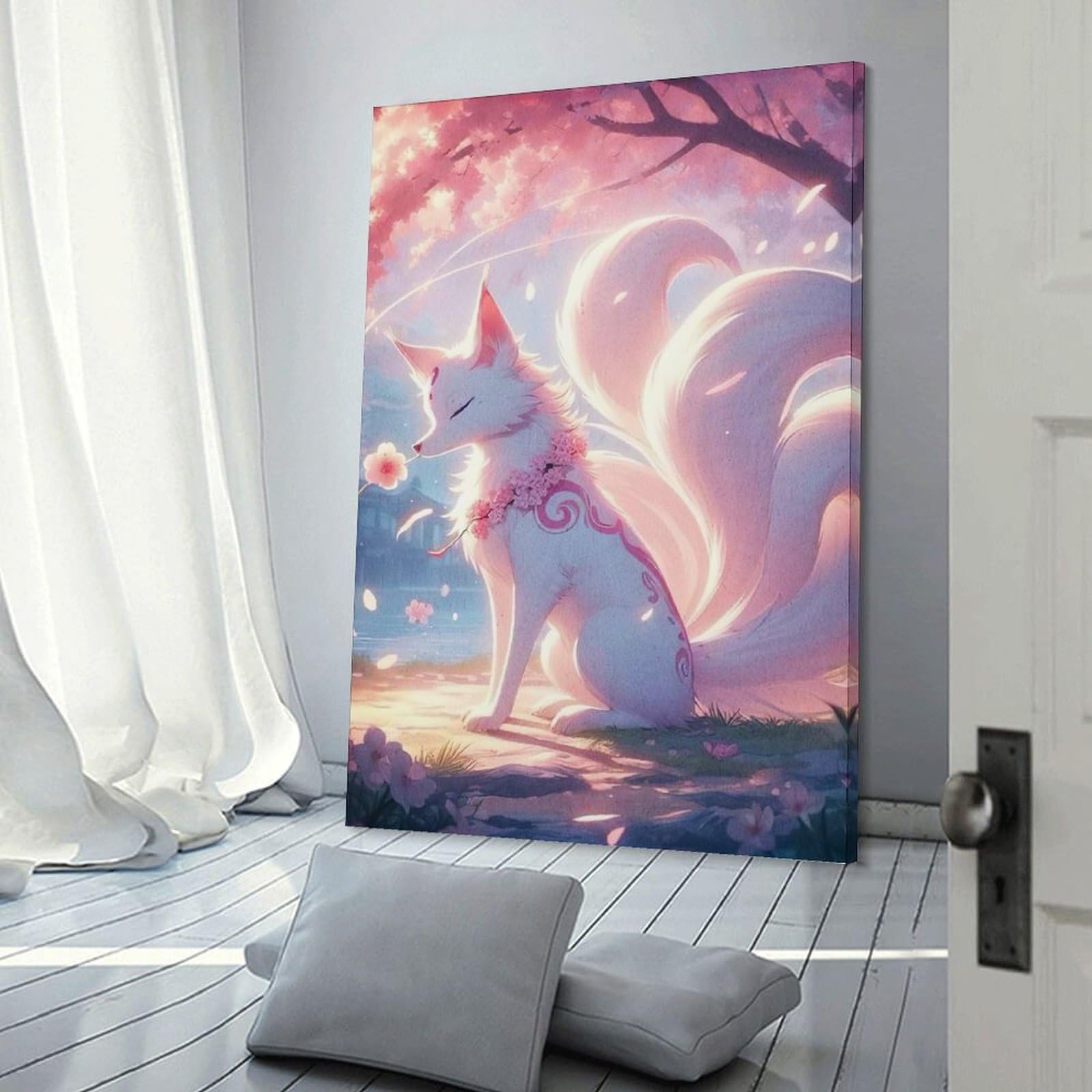 Junmoney Frame-Style-11-1 Nine-Tailed Fox Cherry Blossom Wall Picture Print 16X24inch(40X60cm), For Lounge Decor, Offices Or Entryway Styling, Versatile Wall Decor For Many Rooms