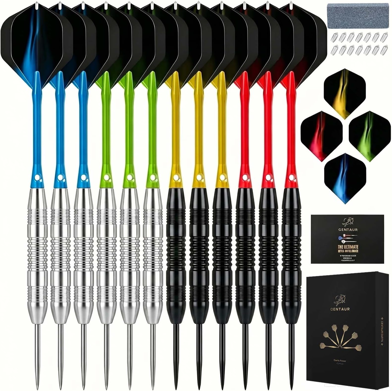 centaur 12 Pack Steel Tip Darts, Professional 22/24 Grams Metal Dart Set with 4 Color Premium Aluminum Shafts and 4 Style PET Flights and Dart Case, Beginner or Professional Darts