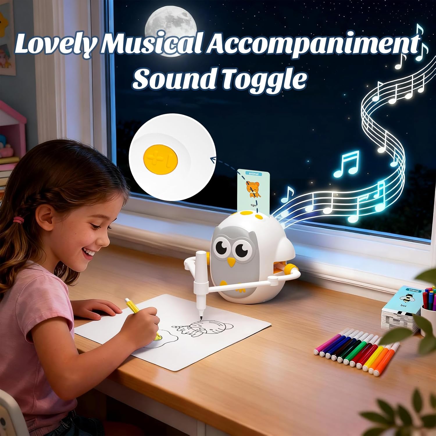Drawing Robot for Kids, Montessori Learning Drawing Machine with 200 Cards, Smart Educational Painting Toy for 3 4 5 6 7 8 Year Old Boys Girls Birthday Party Gift- (Owl)