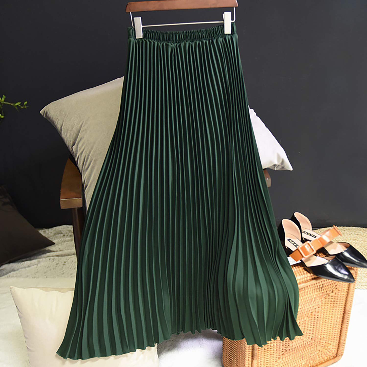 Damen Mädchen Plisseerock in Maxilänge Plissee-Maxirock Elastische Chiffon Langer Faltenrock Elastischer Bund für Frühling Sommer Herbst Rocklänge 90cm Einfarbig