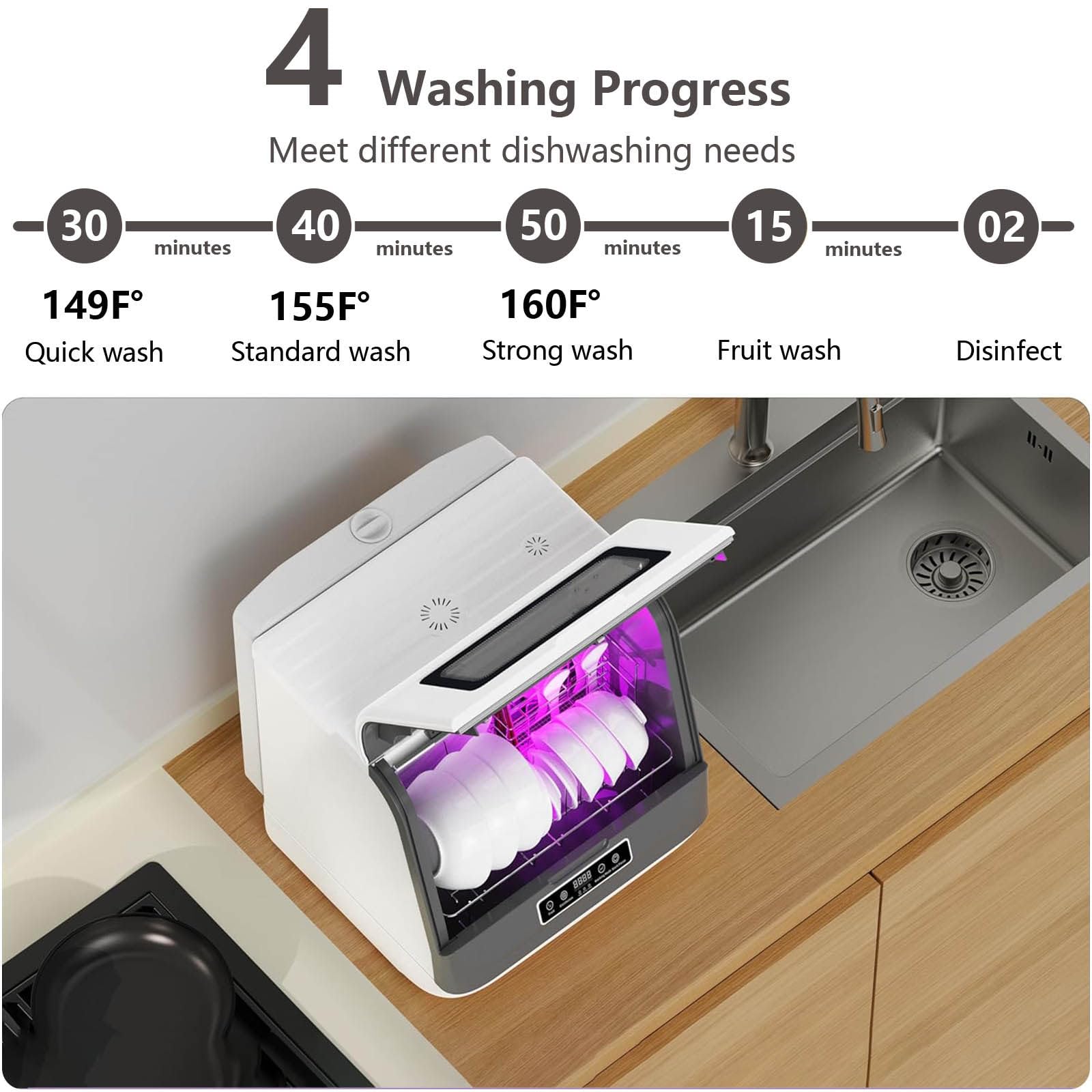Lave-Vaisselle de Bureau sans Installation, Lave-Vaisselle de comptoir 800 W, Affichage de 3 programmes de Lavage, Lave-Vaisselle Automatique, Machine de Nettoyage de la Vaisselle,Gray