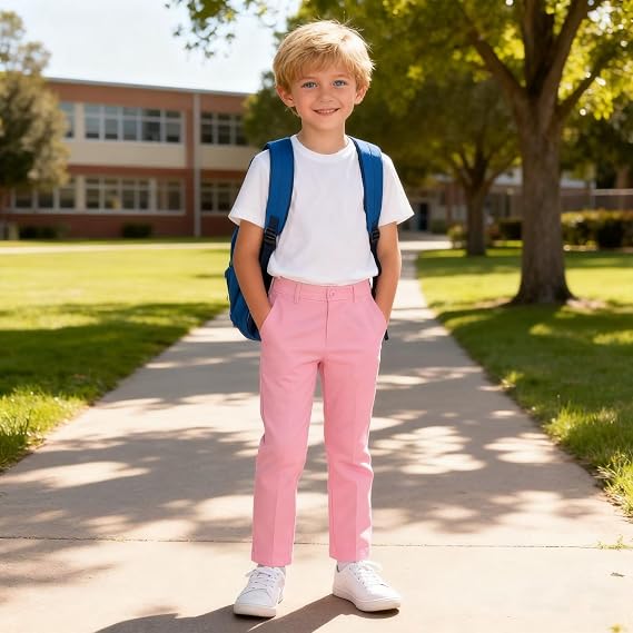 Boys Flat Front Pants for Kids School Uniform Slacks Pants with Adjustable Waist