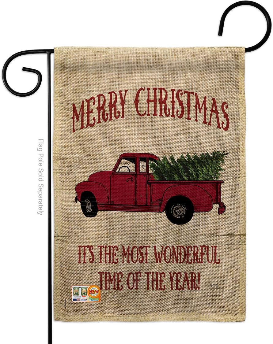 Merry Christmas Vintage Truck Burlap Garden Flag Wintertime Santa Marry Xmas Present Reindeer Season Snow Small Decorative Gift Yard House Banner Double-Sided Made In USA 13 X 18.5
