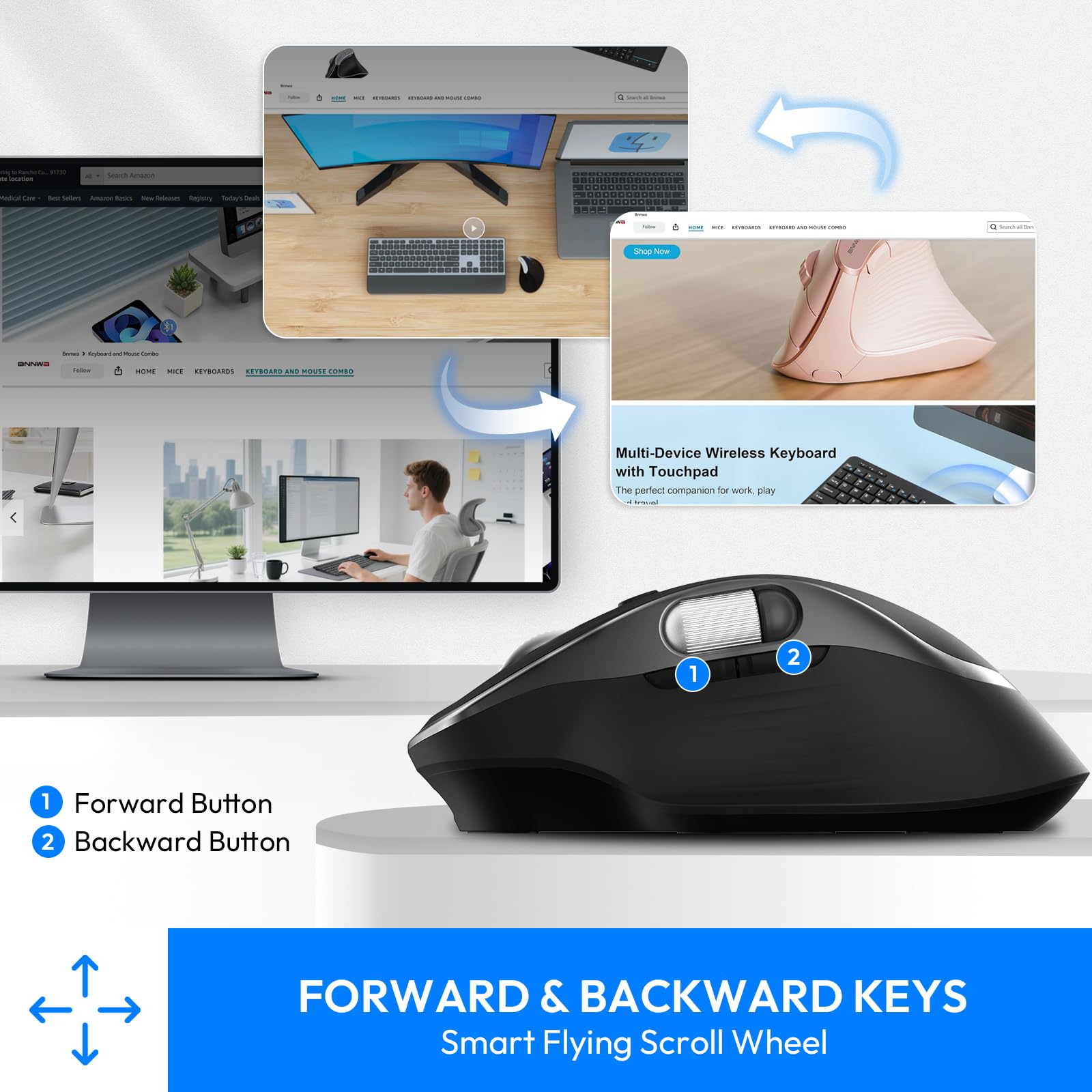 Ratón inalámbrico recargable por Bluetooth con 8 botones programables, color negro | Ratón óptico ergonómico multidispositivo con 5 DPI ajustables para laptop, iPad, PC, manos medianas a grandes