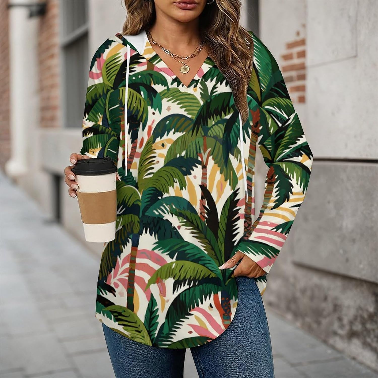 V Neck Hoodies for Women Long Sleeve Lightweight Sweatshirt, Loose Fit Drawstring Pullover Top for Casual Wear
