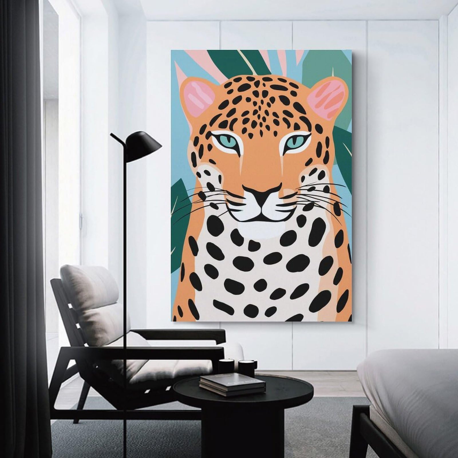Junmoney Leopard Portrait with Tropical Leaves Decorative Wall Artwork, 08x12inch(20x30cm), for Home Lounge, Bedroom Or Reading Nook, Easy Decor for Gallery Walls