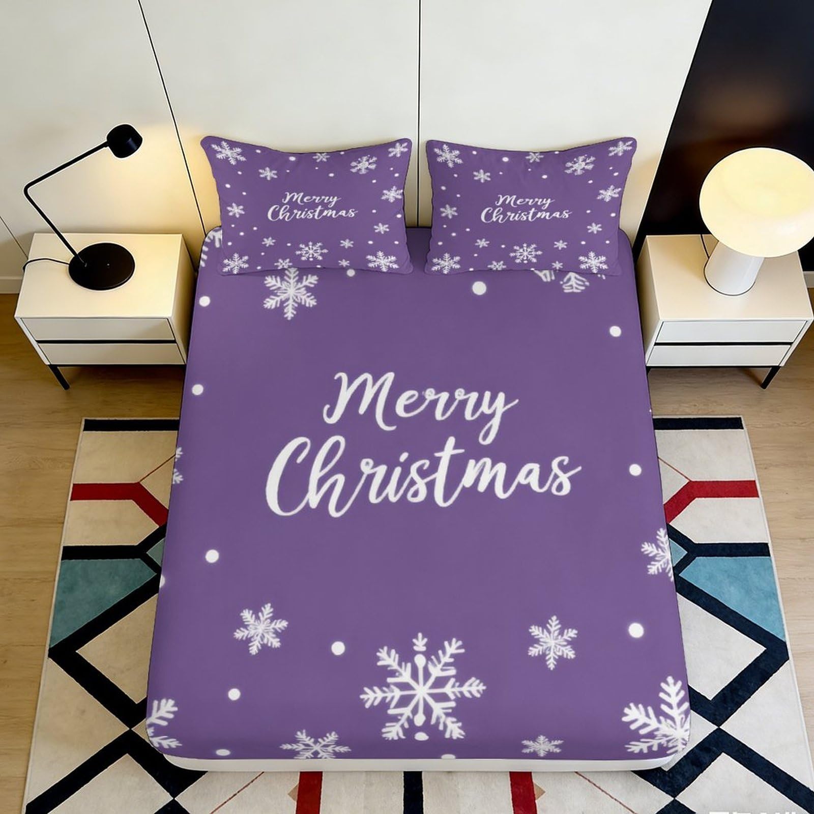 3D Printed Purple Snowflake Fitted Sheet Microfiber Soft Merry Christmas Bed Cover for Bedroom Guest Room Decor 90x200x25cm